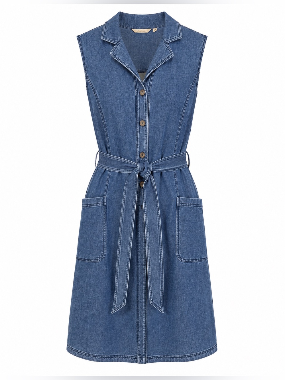 Cottagecore Blue Denim Sleeveless Button Down Belted Dress. Casual, Travel, XL